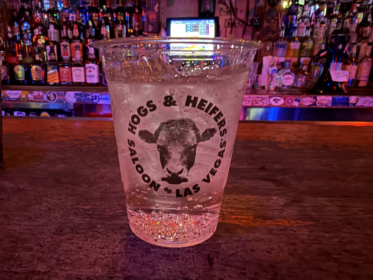 A soda water with the Hogs & Heifers Saloon logo is shown on Monday, May 12, 2025. (John K ...