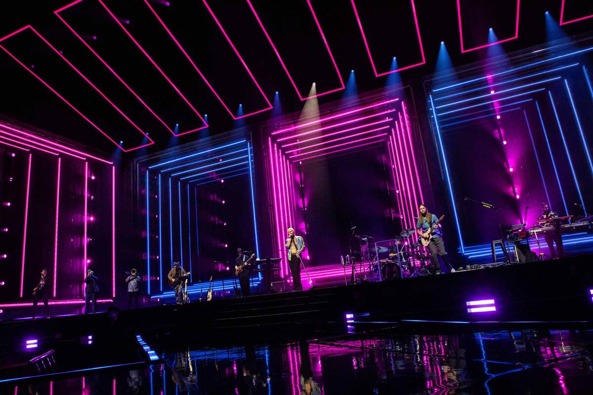 Adam Levine is shown at Maroon 5’s “M5LV” show at Dolby Live at Park MGM on S ...