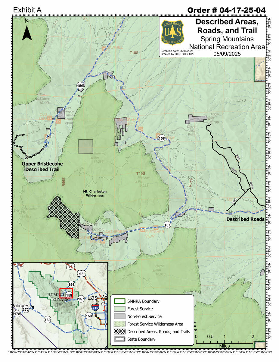 Trail closures throughout Spring Mountains National Recreation Area, as of May 13, 2025. (U.S. ...
