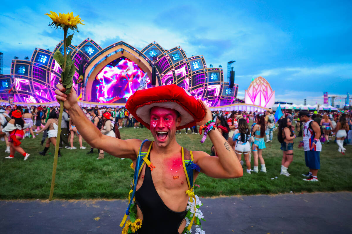 A festival goer who declined to give their name holds up a sunflower during day one of the Elec ...