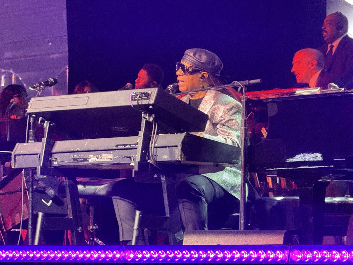 Stevie Wonder performs at the second annual Raiders Silver & Black Gala at Allegiant Stadium on ...