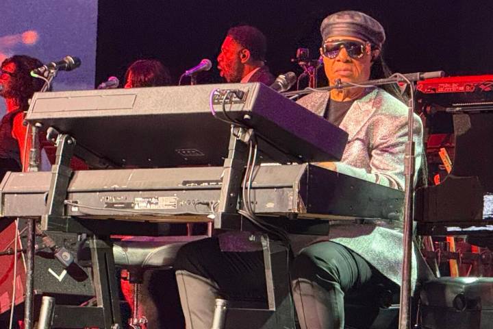 Stevie Wonder performs at the second annual Raiders Silver & Black Gala at Allegiant Stadium on ...