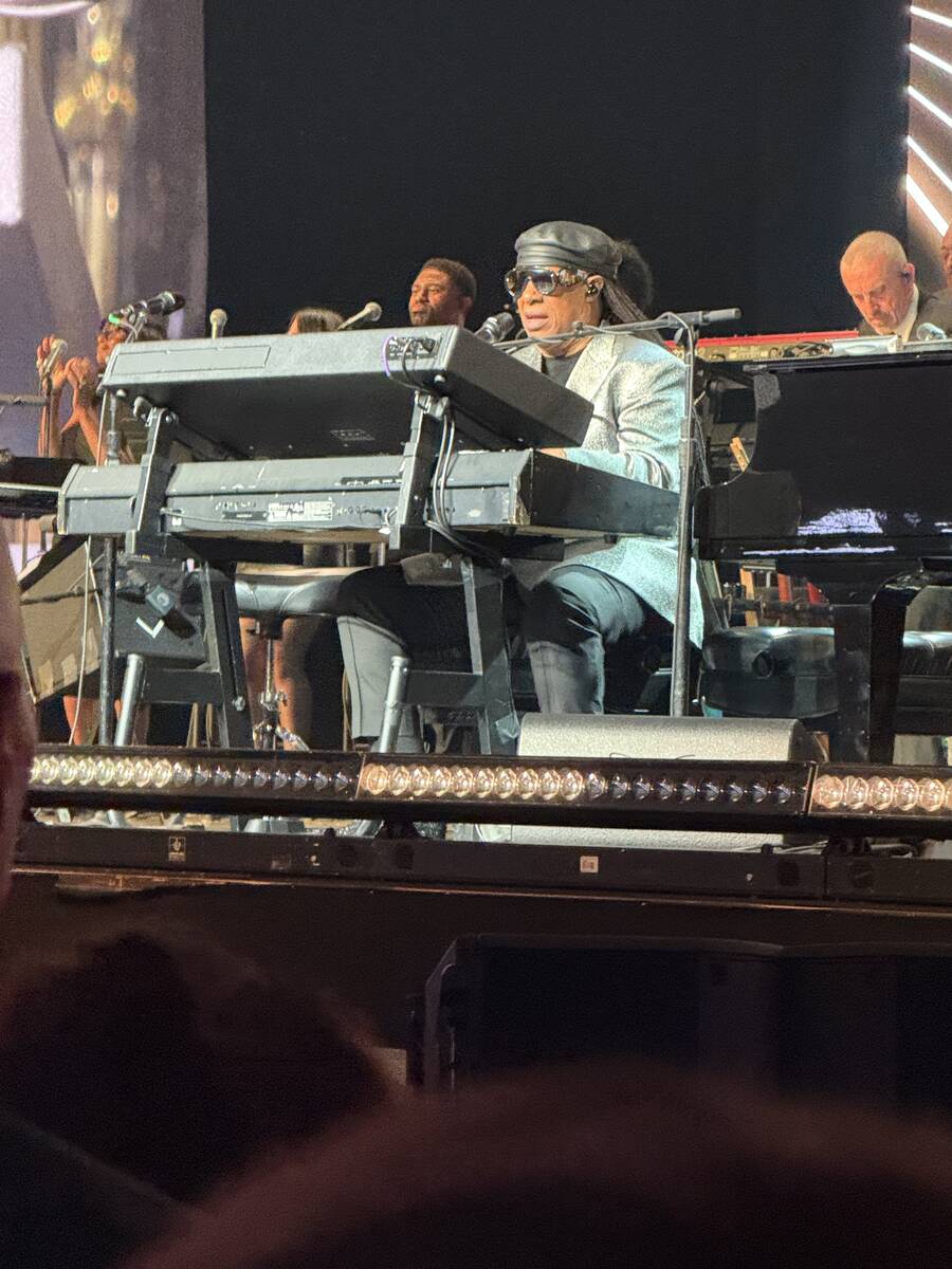 Stevie Wonder performs at the second annual Raiders Silver & Black Gala at Allegiant Stadium on ...