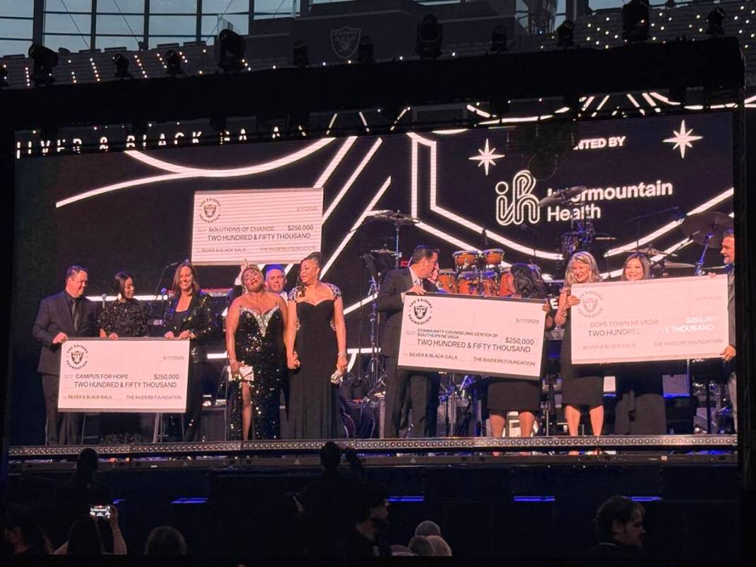 Donation checks are shown at the second annual Raiders Silver & Black Gala at Allegiant Stadium ...