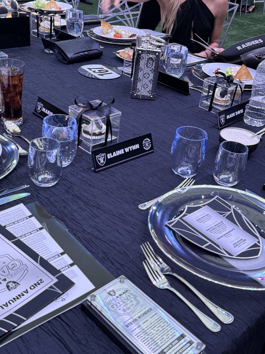The table setting for the late Elaine Wynn, next to Raiders owner Mark Davis, is shown cat the ...