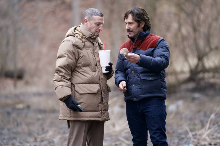 Tim Robinson, left, and Paul Rudd in “Friendship.” MUST CREDIT: Spencer Pazer/A24