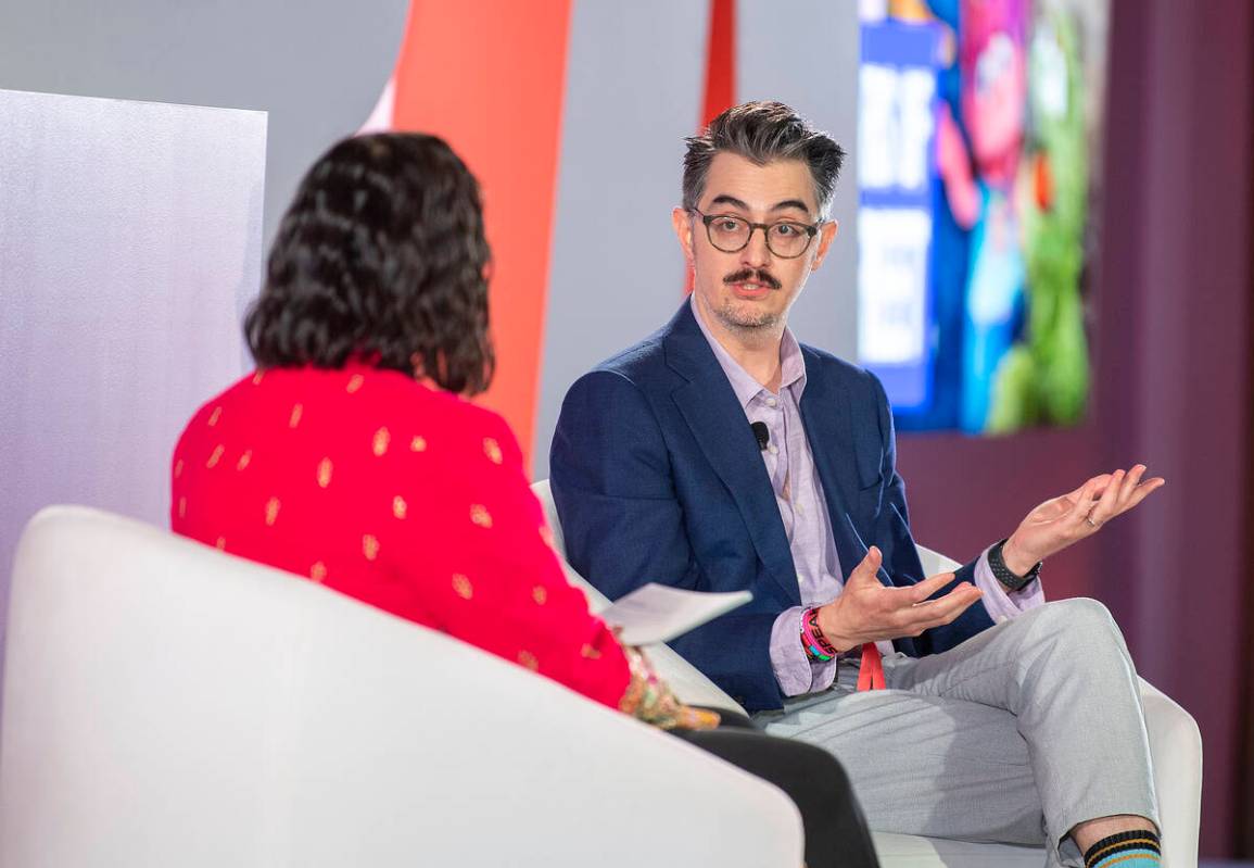 Sal Perez, executive producer and VP of Sesame Street at Sesame Workshop, right, talks to Versh ...