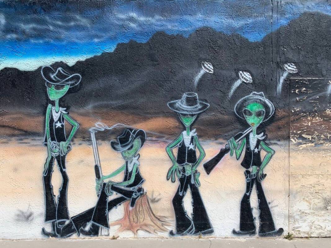 A mural on the side of ET Fresh Jerky, near Area 51 in Rachel, NV on July 16, 2019. (Mat Lusche ...