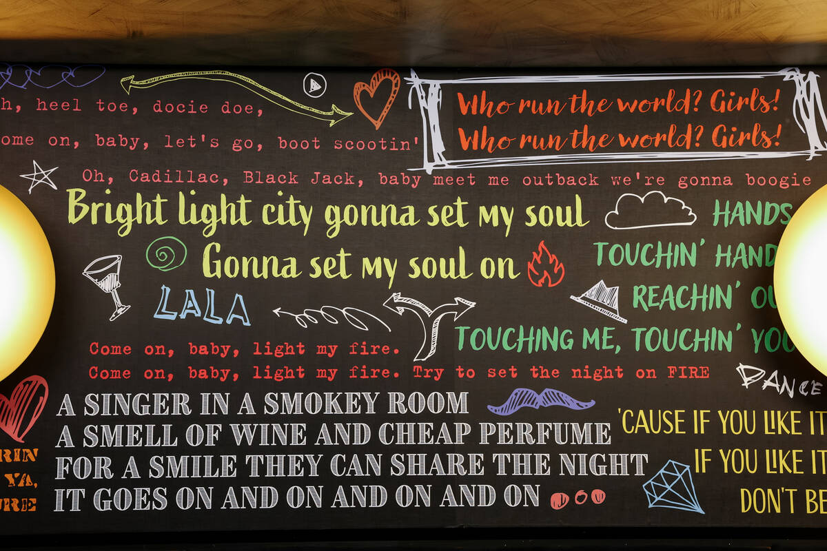 A mural with song lyrics decorates the back seating area of Smelly Cat, a new karaoke bar openi ...