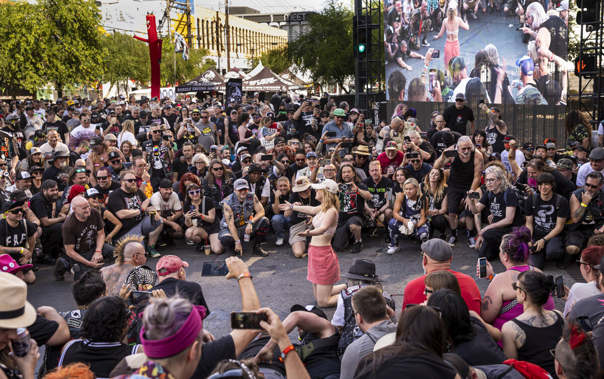 Phoebe Lunny of Lambrini Girls performs during the first day of the Punk Rock Bowling music fes ...