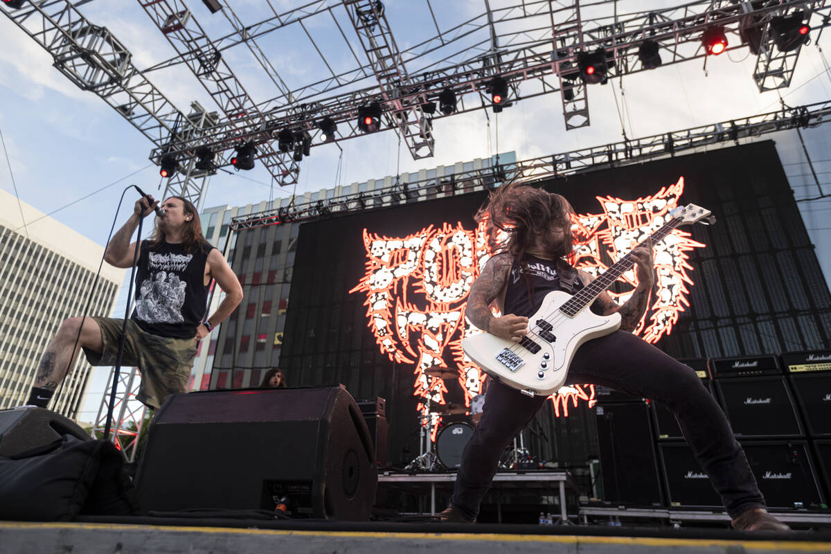 Seth Gilmore, left, and Chris Whetzel of Power Trip perform during the first day of the Punk Ro ...