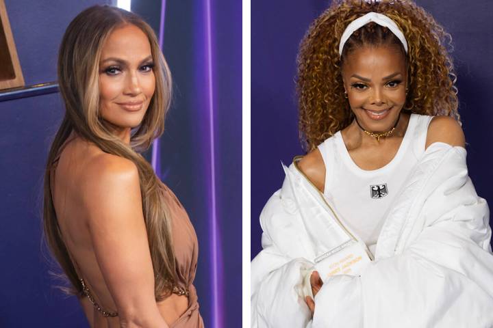 Jennifer Lopez, left, and Janet Jackson pose at the American Music Awards at Fontainebleau on M ...