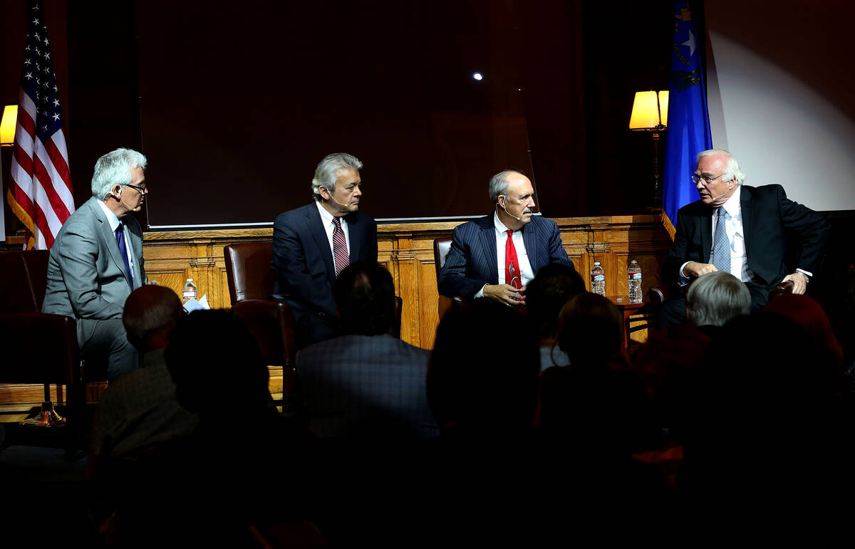 Moderator Jack Sheehan, newsman George Knapp, former gaming regulator Jeff Silver and former fe ...