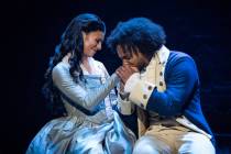 Lauren Mariasoosay and Tyler Fauntleroy are shown in the "Hamilton" national tour. (Joan Marcus)