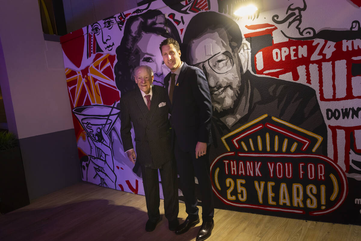 Former Las Vegas Mayor Oscar Goodman, left, and Plaza CEO Jonathan Jossel pose with a newly cre ...