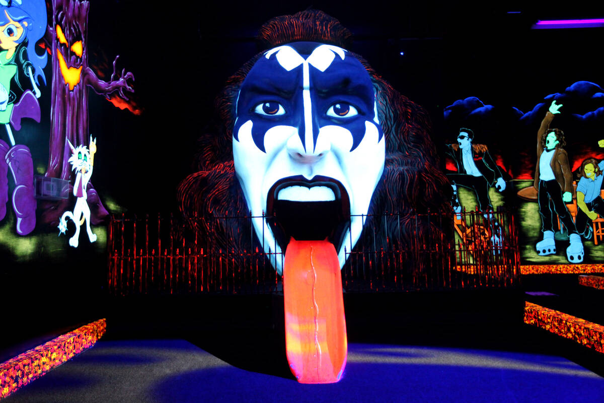 The final hole, featuring KISS member Gene Simmons, is seen at KISS by Monster Mini Golf in Las ...