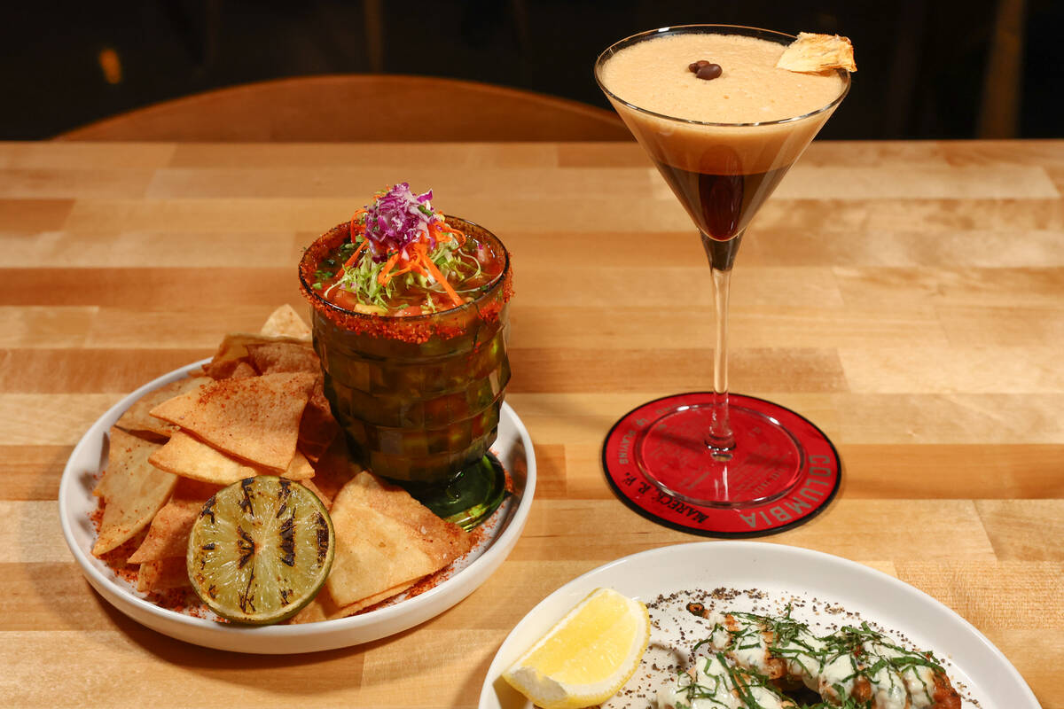 Clockwise from left, the Mexican shrimp cocktail, Night in Tunisia and grilled Mediterranean ch ...