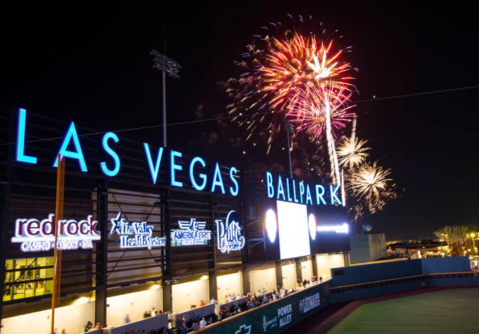 Fireworks go off above the Las Vegas Ballpark after the Las Vegas Aviators defeated the Reno Ac ...