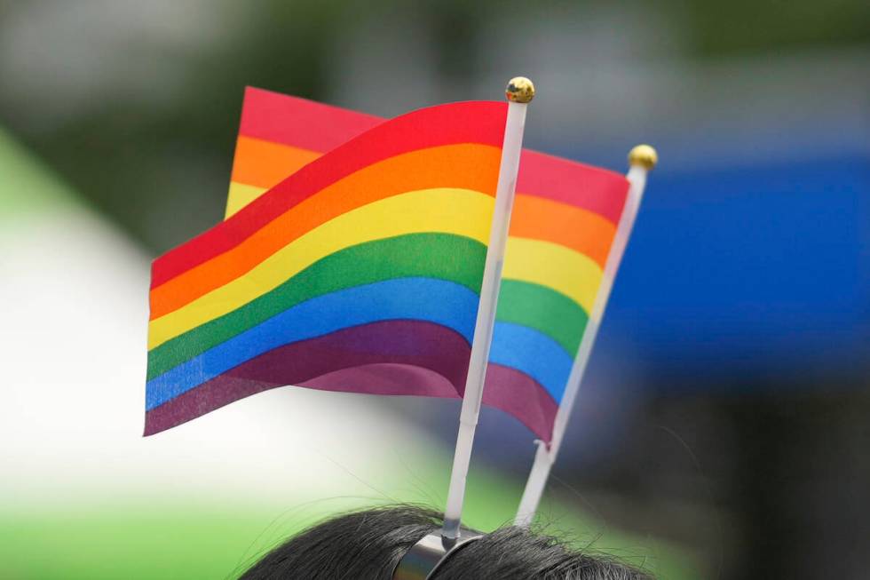 Rainbow flags are seen at a pride event on June 14, 2025. (AP Photo/Lee Jin-man)
