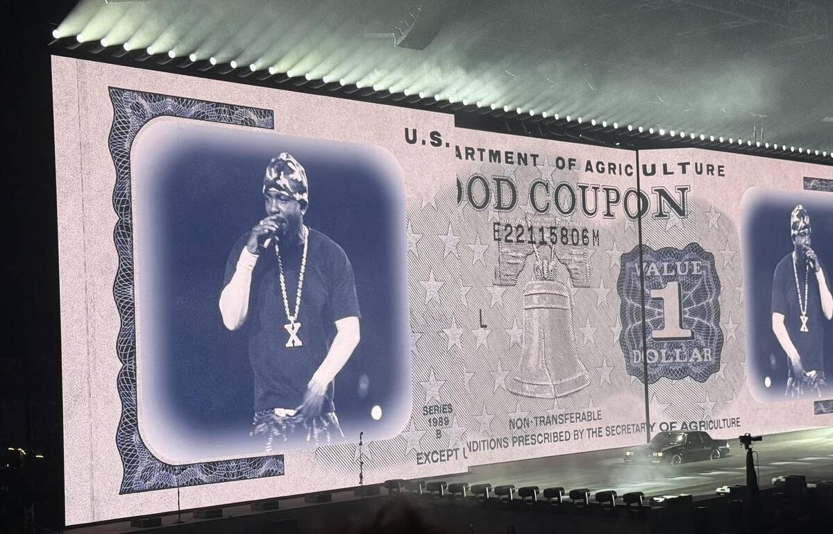 A scene from Kendrick Lamar and Sza's "Grand National Tour" stop at Allegiant Stadium on Saturd ...