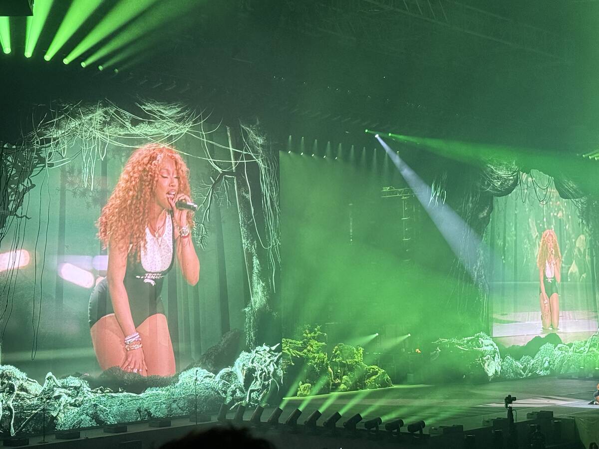 A scene from Kendrick Lamar and Sza's "Grand National Tour" stop at Allegiant Stadium on Saturd ...