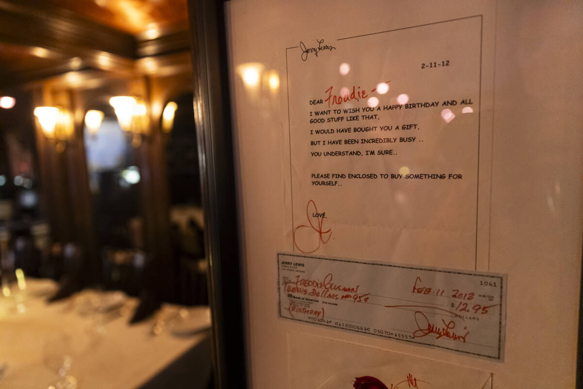 A birthday note (and check) from Jerry Lewis to owner Freddie Glusman is seen at Piero's Italia ...