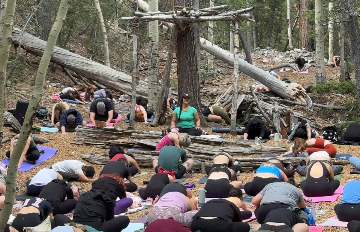 An outdoor yoga class is held in the quaking aspen grove of Lee Canyon on Sunday, June 8, 2025. ...