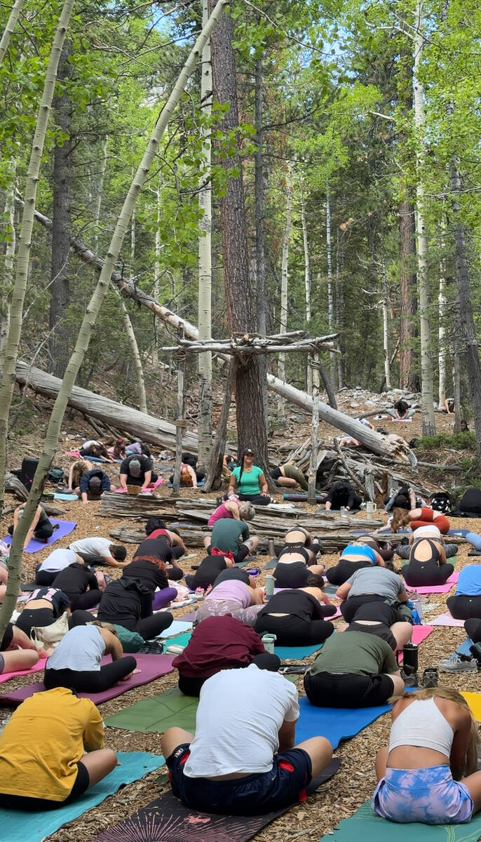 An outdoor yoga class is held in the quaking aspen grove of Lee Canyon on Sunday, June 8, 2025. ...