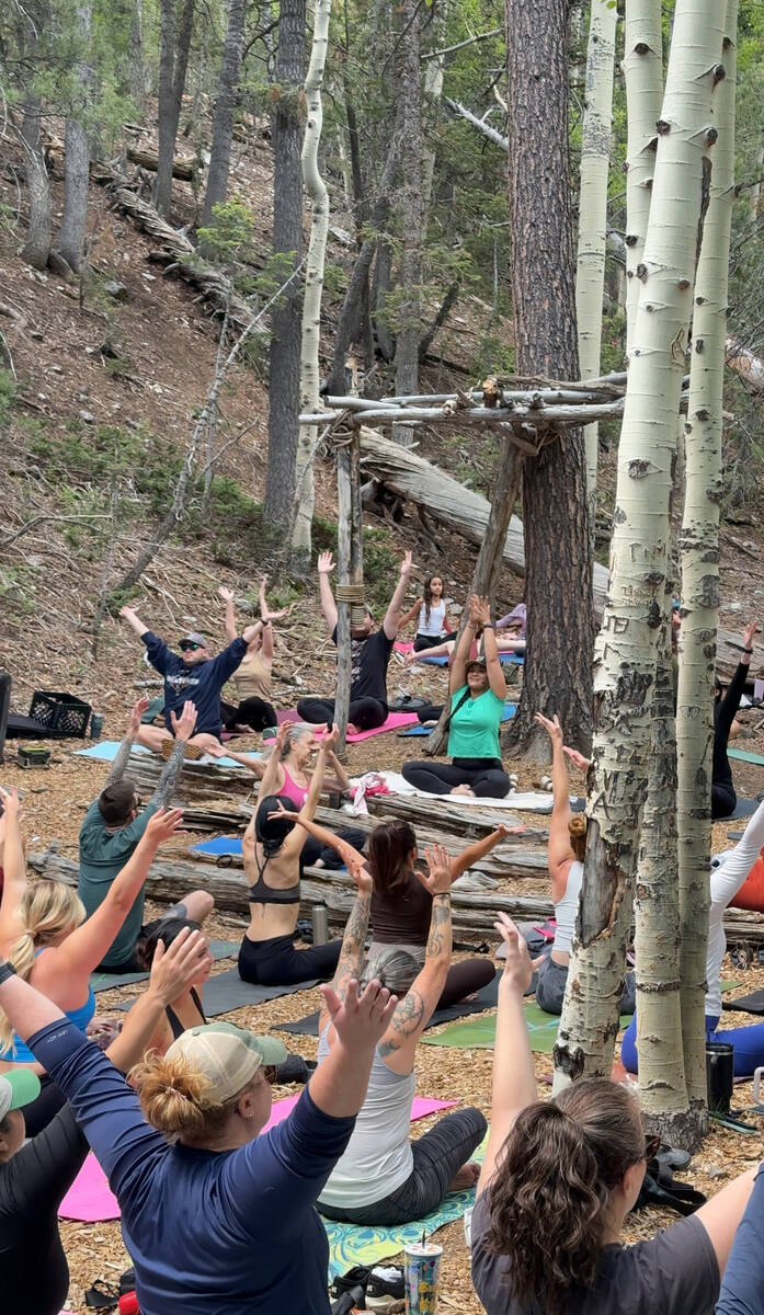 An outdoor yoga class is held in the quaking aspen grove of Lee Canyon on Sunday, June 8, 2025. ...