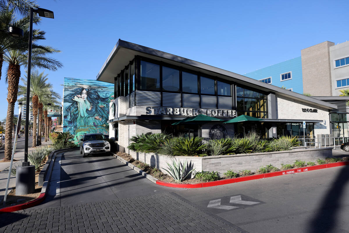 Starbucks at the corner of East Clark Avenue and South Casino Center Boulevard in downtown Las ...