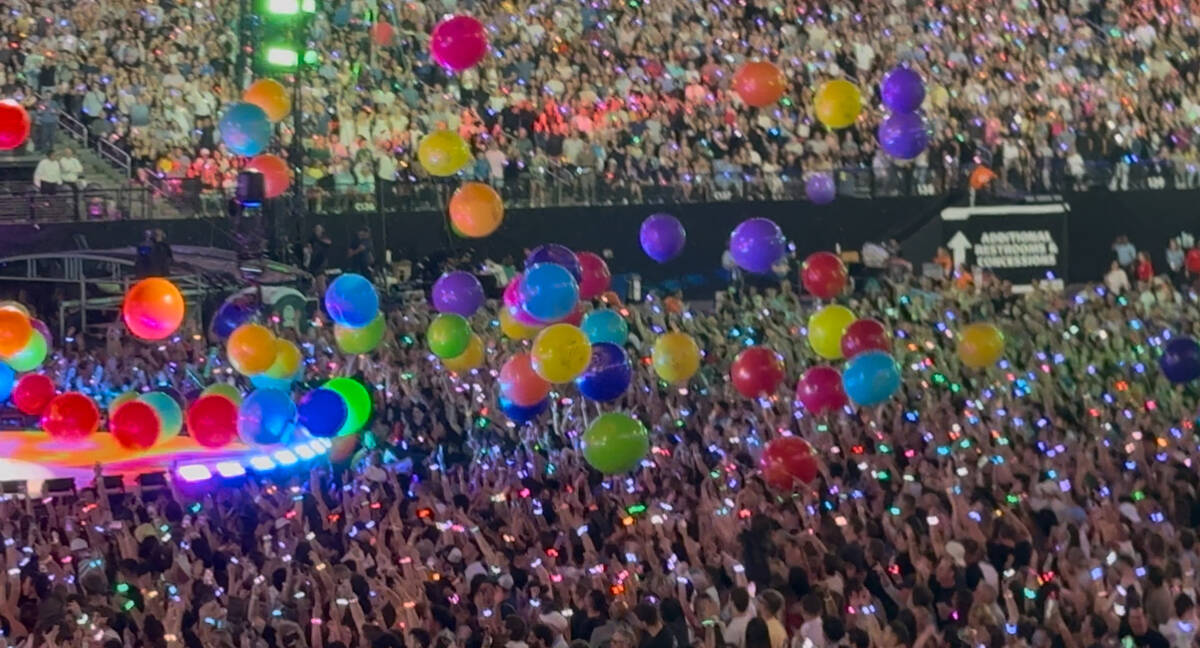 A scene from Coldplay's "Music of the Spheres" tour stop at Allegiant Stadium on Friday, June 6 ...