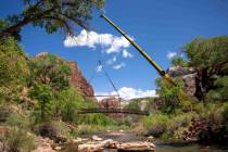 Construction crews move the Emerald Pools bridge upstream. (NPS/Ally O'Rullian)