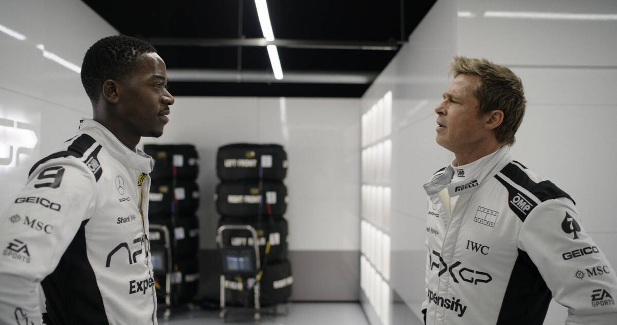 Damson Idris as Joshua Pearce and Brad Pitt as Sonny Hayes in Apple Original Films’ “F1 The ...