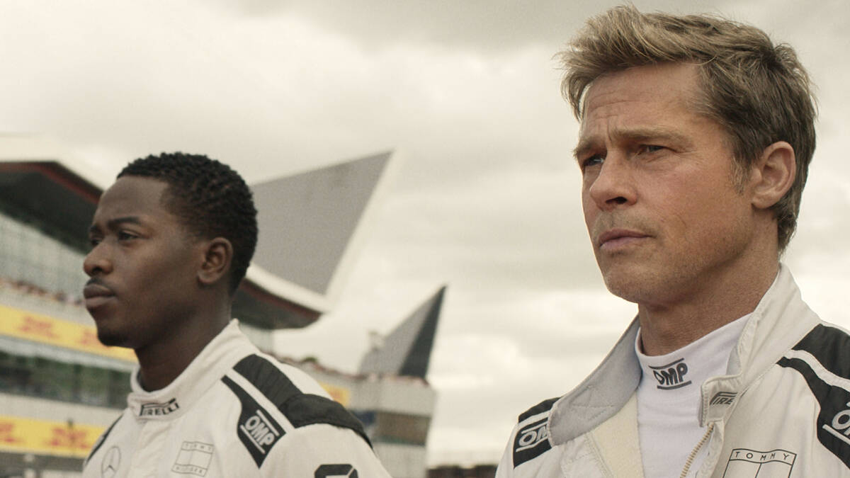 Damson Idris as Joshua Pearce and Brad Pitt as Sonny Hayes in Apple Original Films’ “F1 The ...