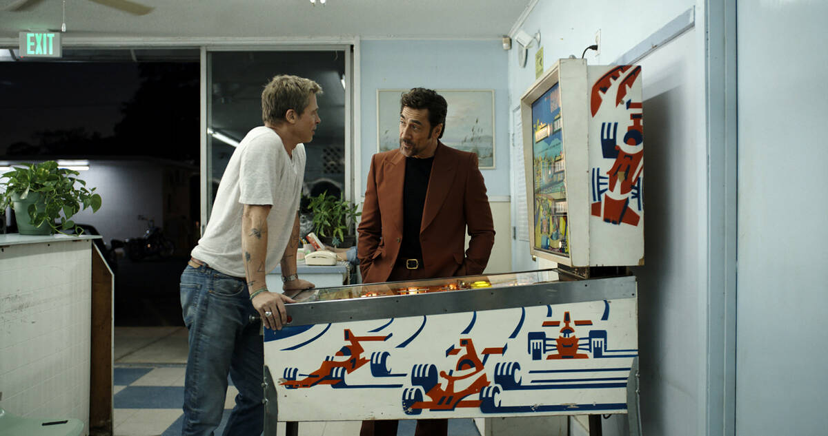 Brad Pitt as Sonny Hayes and Javier Bardem as Ruben Cervantes in Apple Original Films’ “F1 ...