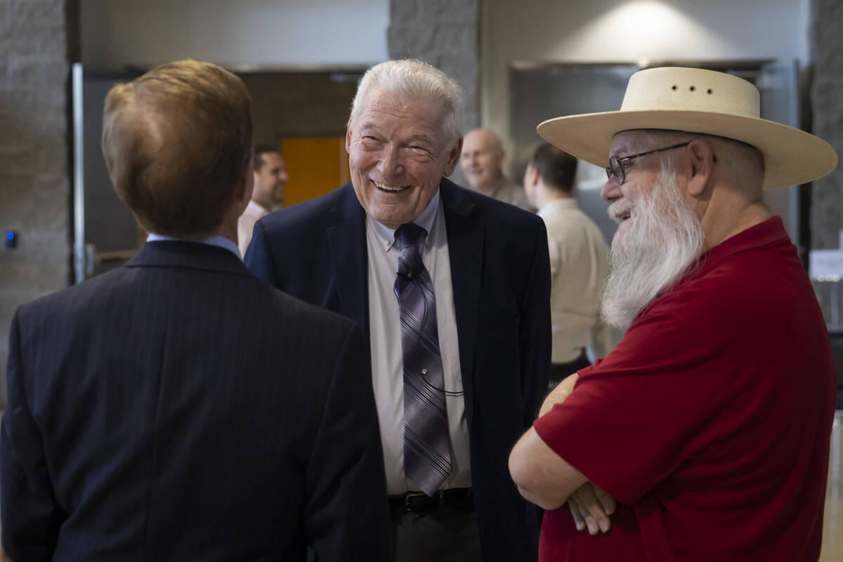 Atomic Museum founding member and historian Robert Friedrichs, center, and Mark Hall-Patton, fo ...