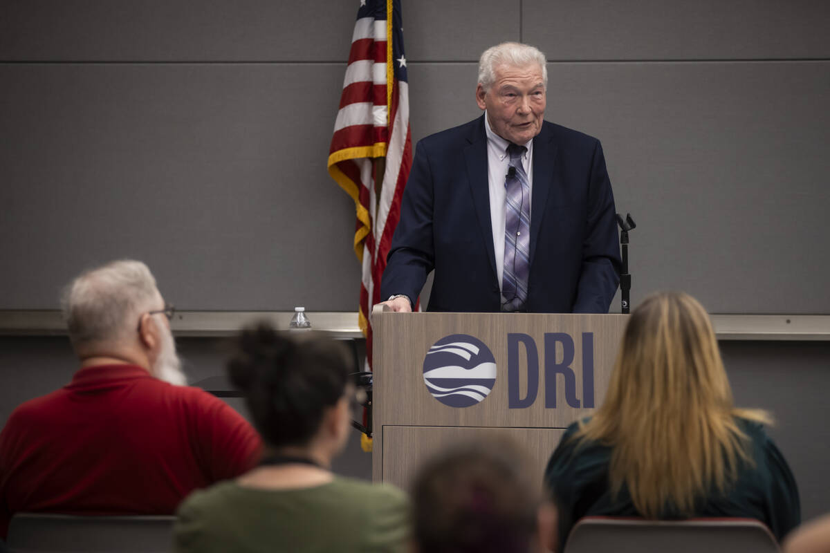 Atomic Museum founding member and historian Robert Friedrichs speaks as part of a ribbon-cuttin ...