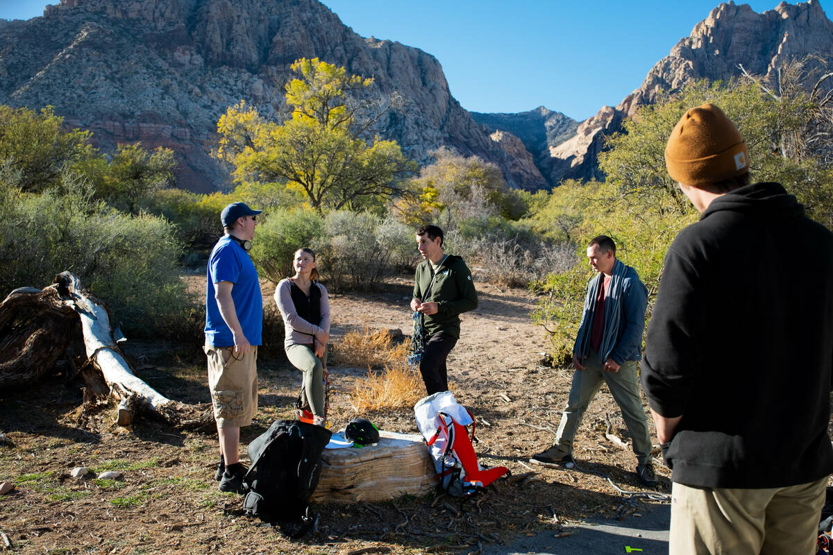 "The Sound" writer-director Brendan Devane, from left, talks with climbers Hazel Findlay and Al ...