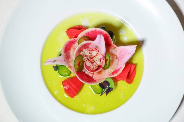 Yellowtail crudo, with avocado, radish, cucumber, lime and jalapeño lime vinaigrette at Edge S ...