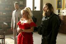 This image released by Magenta Light Studios shows Justin Hartley, from left, Rebel Wilson and ...