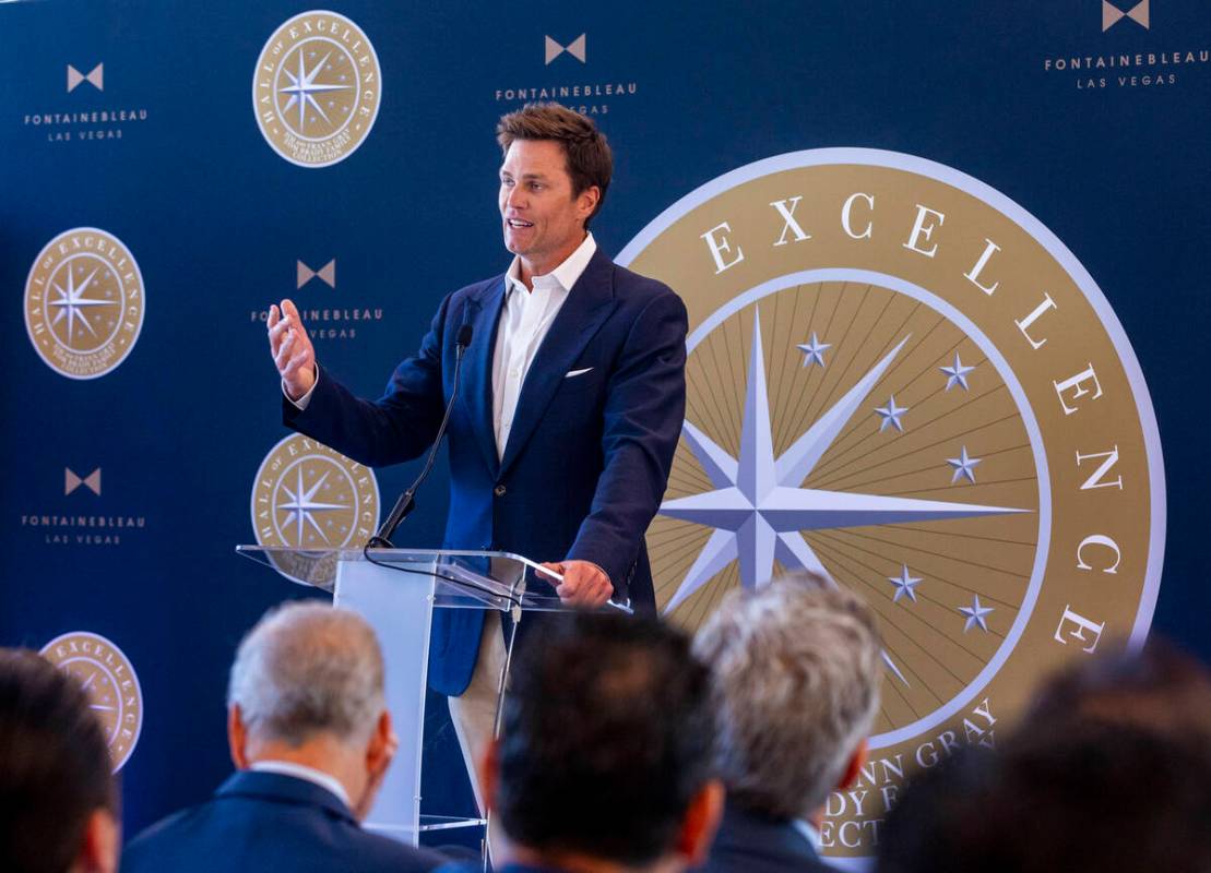 Tom Brady speaks about his NFL career in football during the Hall of Excellence Press Conferenc ...
