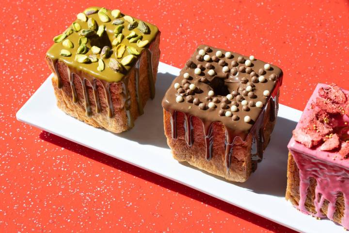 Pistachio, chocolate and strawberry variations of Wicked Donuts’ new cube-shaped doughnu ...