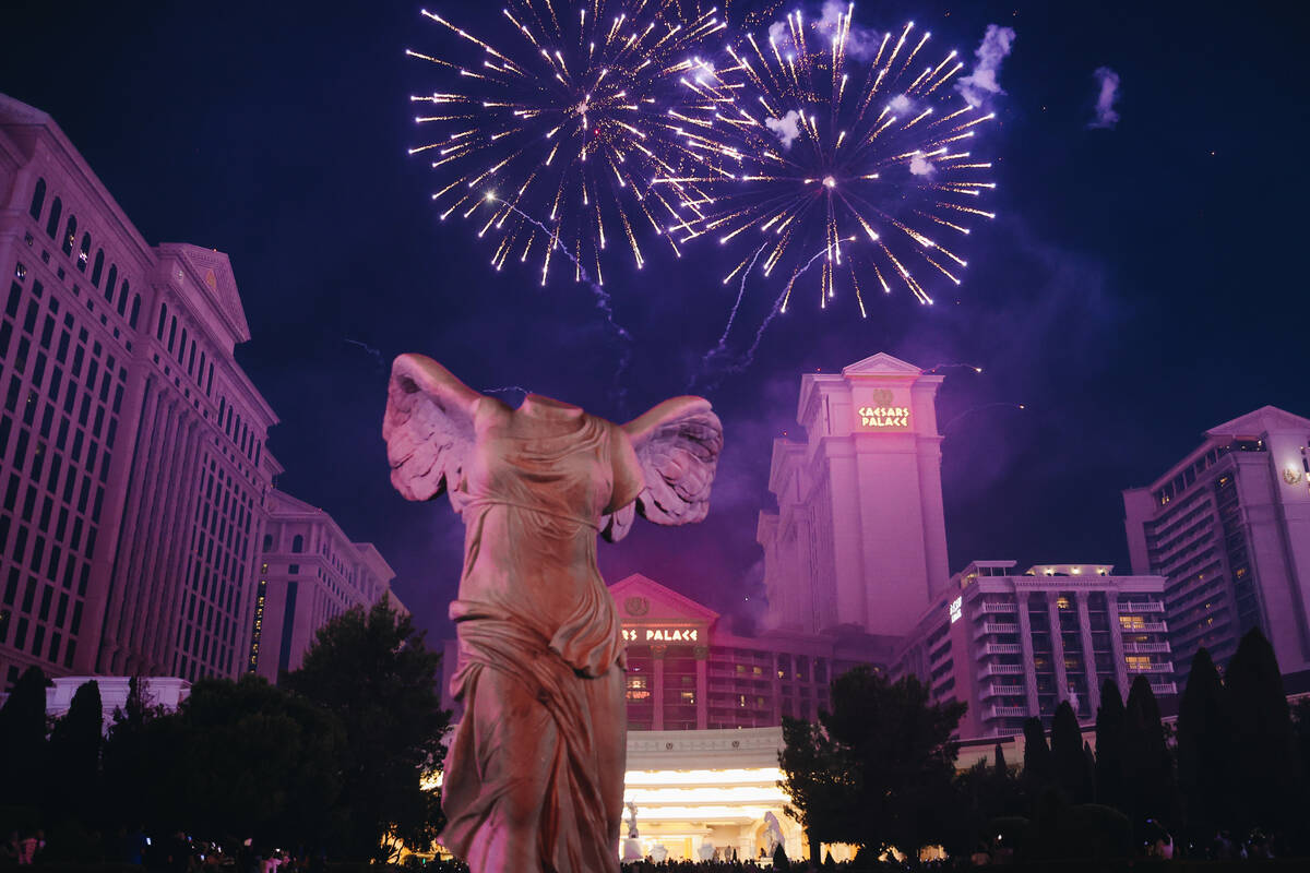 Fireworks go off on Tuesday, July 4, 2023,at Caesar’s Palace in Las Vegas. (Madeline Car ...