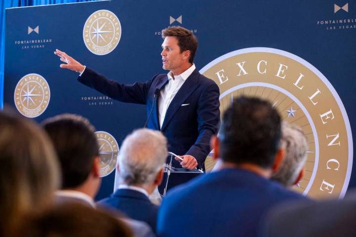 Tom Brady speaks about his NFL career in football during the Hall of Excellence Press Conferenc ...