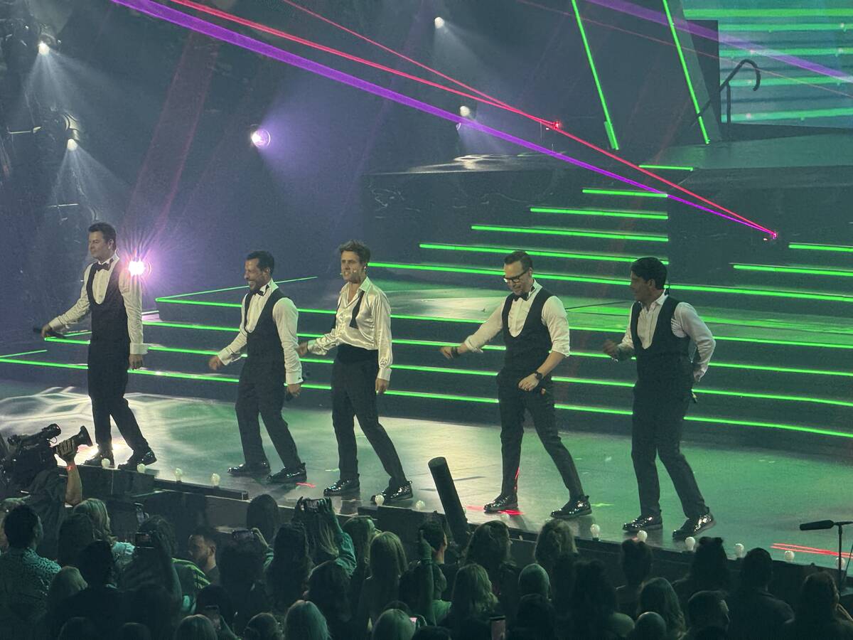 New Kids on the Block are shown at Dolby Live at Park MGM on Friday, June 20, 2025. (John Katsi ...
