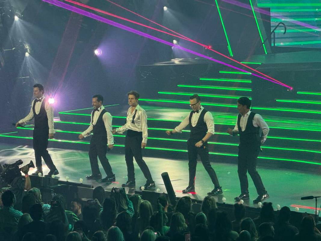 New Kids on the Block are shown at Dolby Live at Park MGM on Friday, June 20, 2025. (John Katsi ...