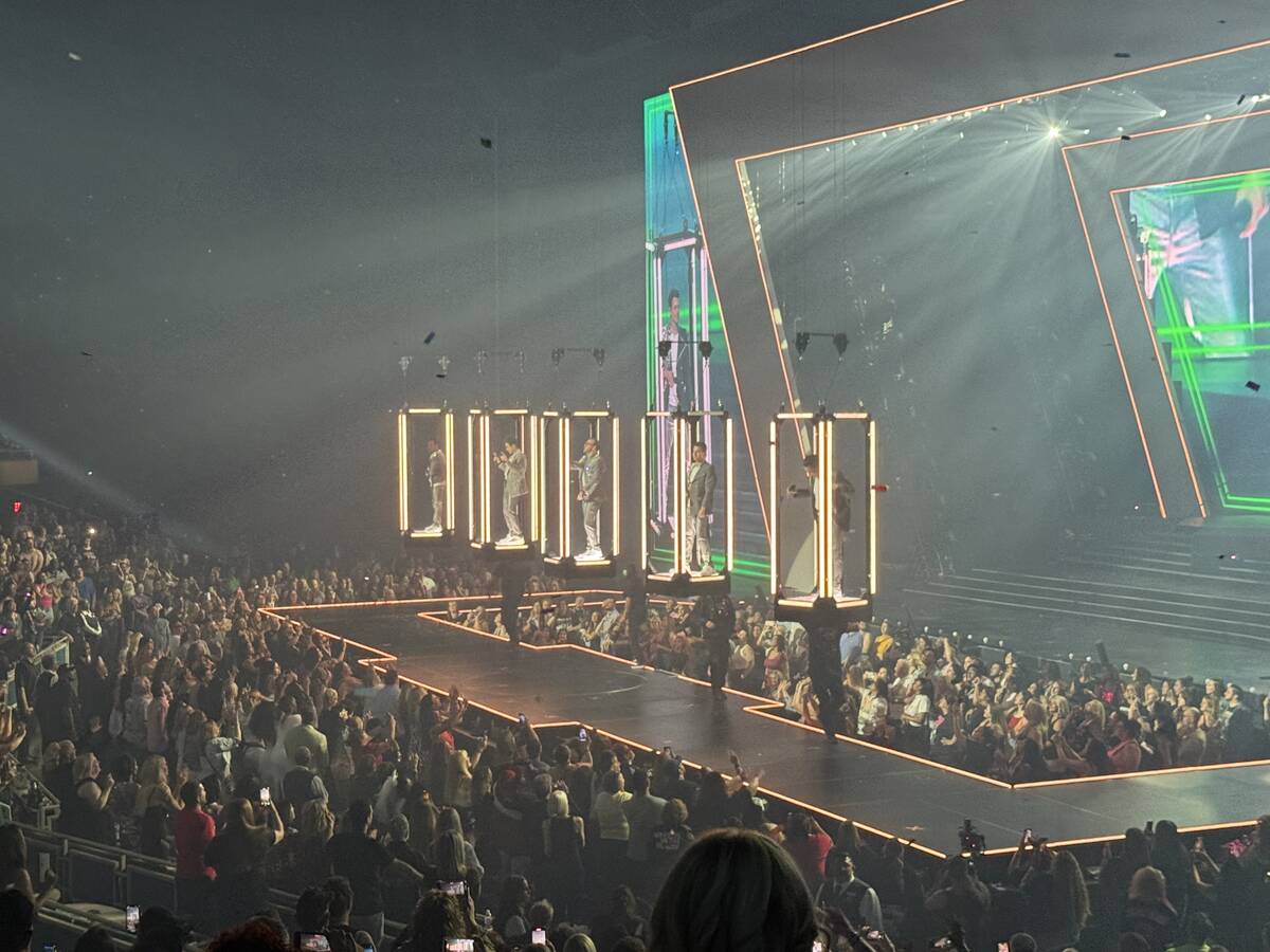New Kids on the Block are shown at Dolby Live at Park MGM on Friday, June 20, 2025. (John Katsi ...