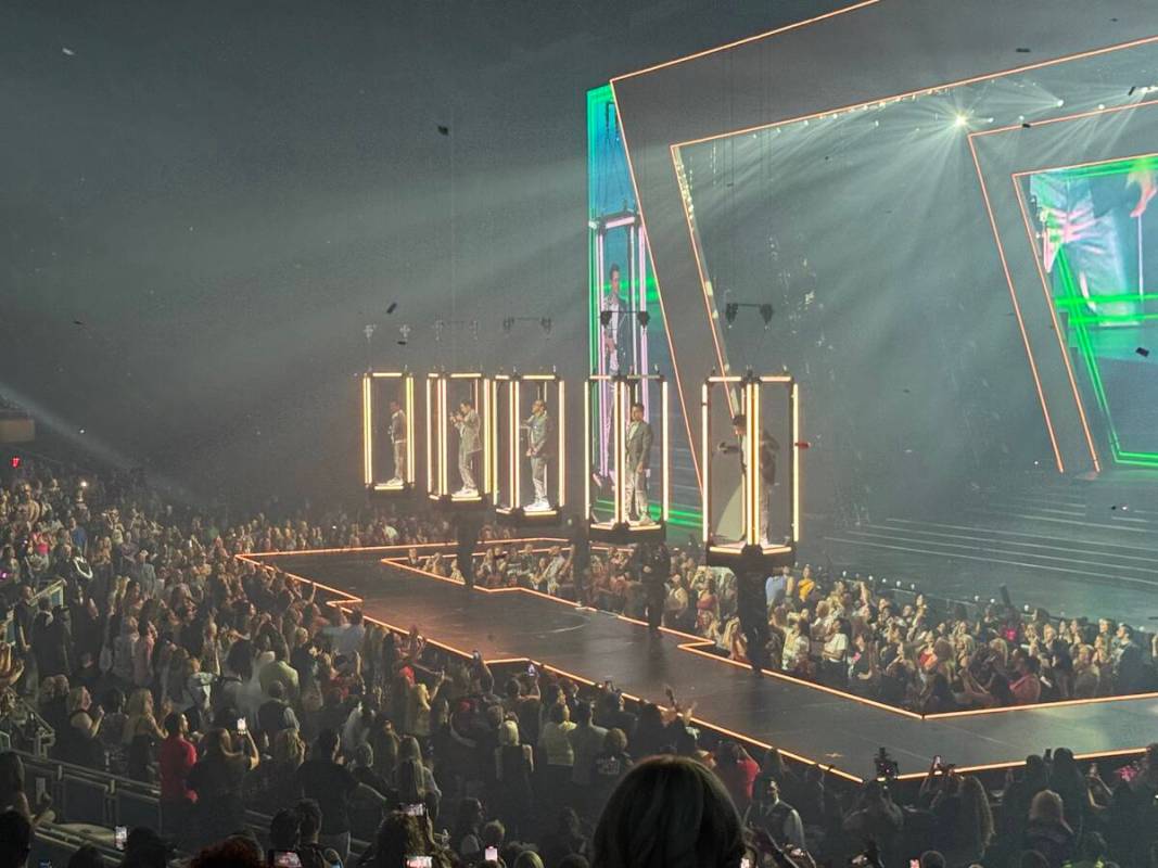 New Kids on the Block are shown at Dolby Live at Park MGM on Friday, June 20, 2025. (John Katsi ...