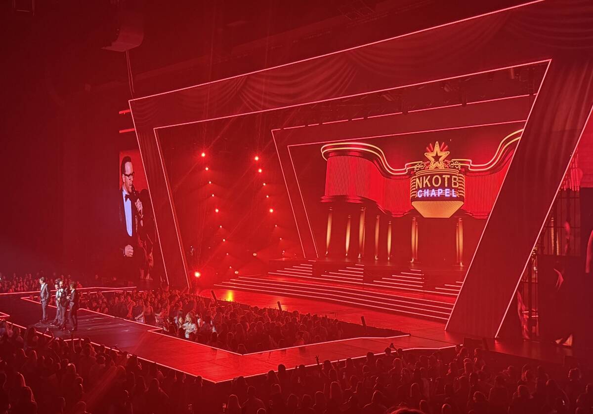 New Kids on the Block are shown at Dolby Live at Park MGM on Friday, June 20, 2025. (John Katsi ...