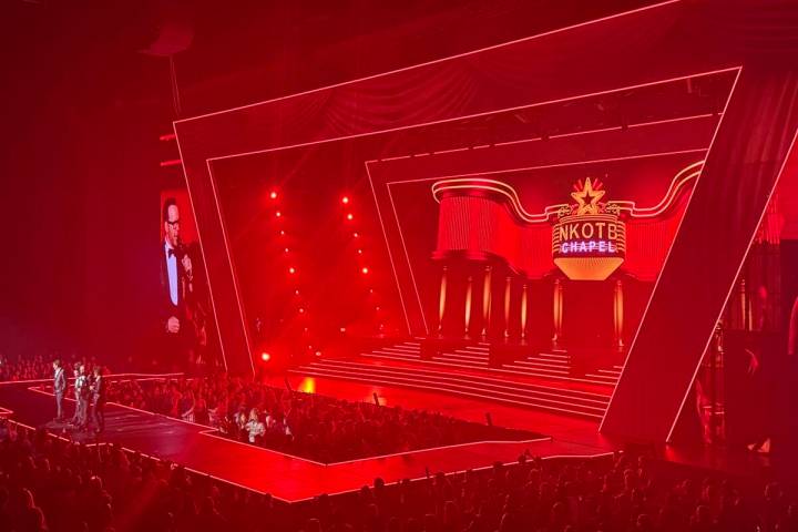 New Kids on the Block are shown at Dolby Live at Park MGM on Friday, June 20, 2025. (John Katsi ...